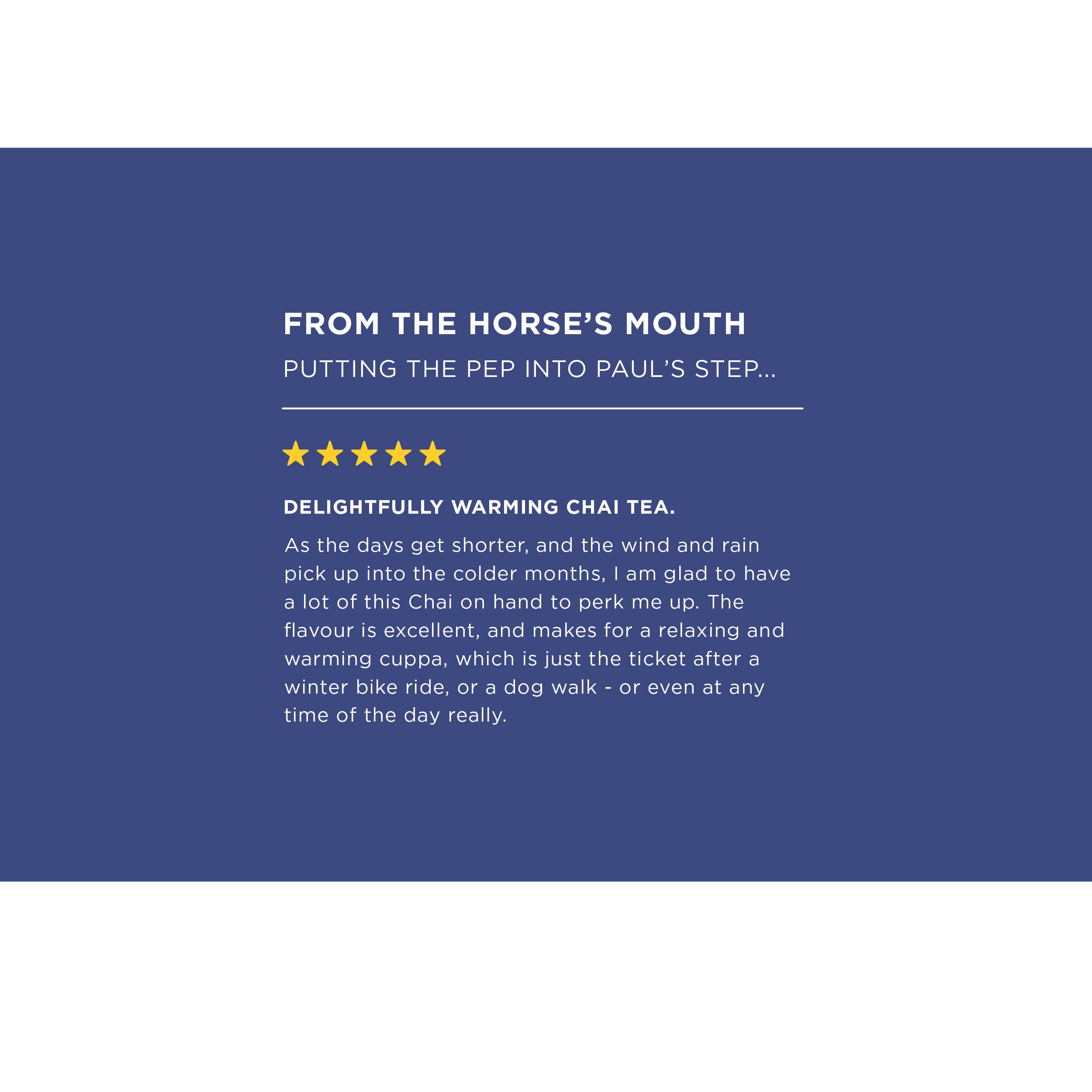 Another chai review card with text a on a blue background