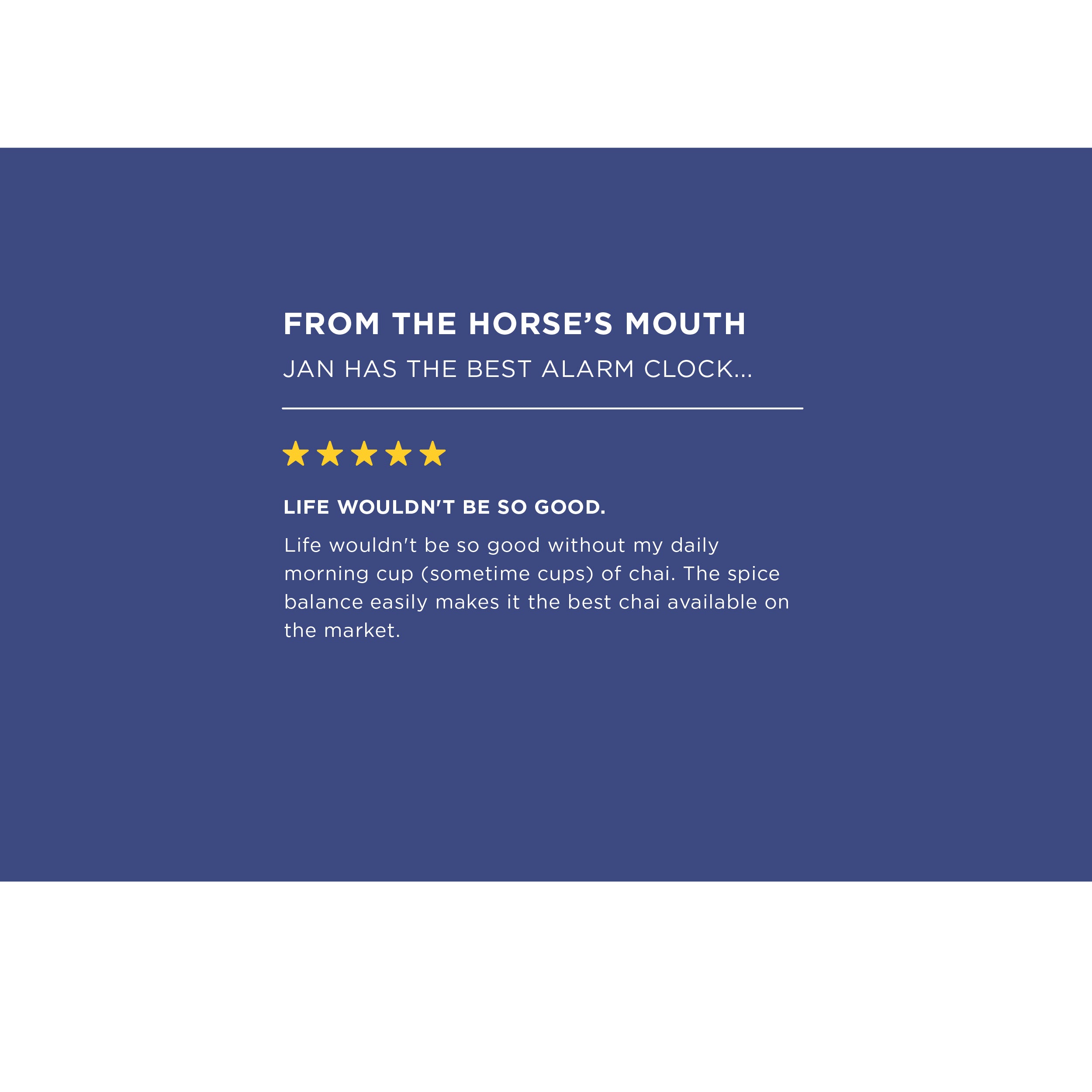 Product review with five-star rating and text on a blue background